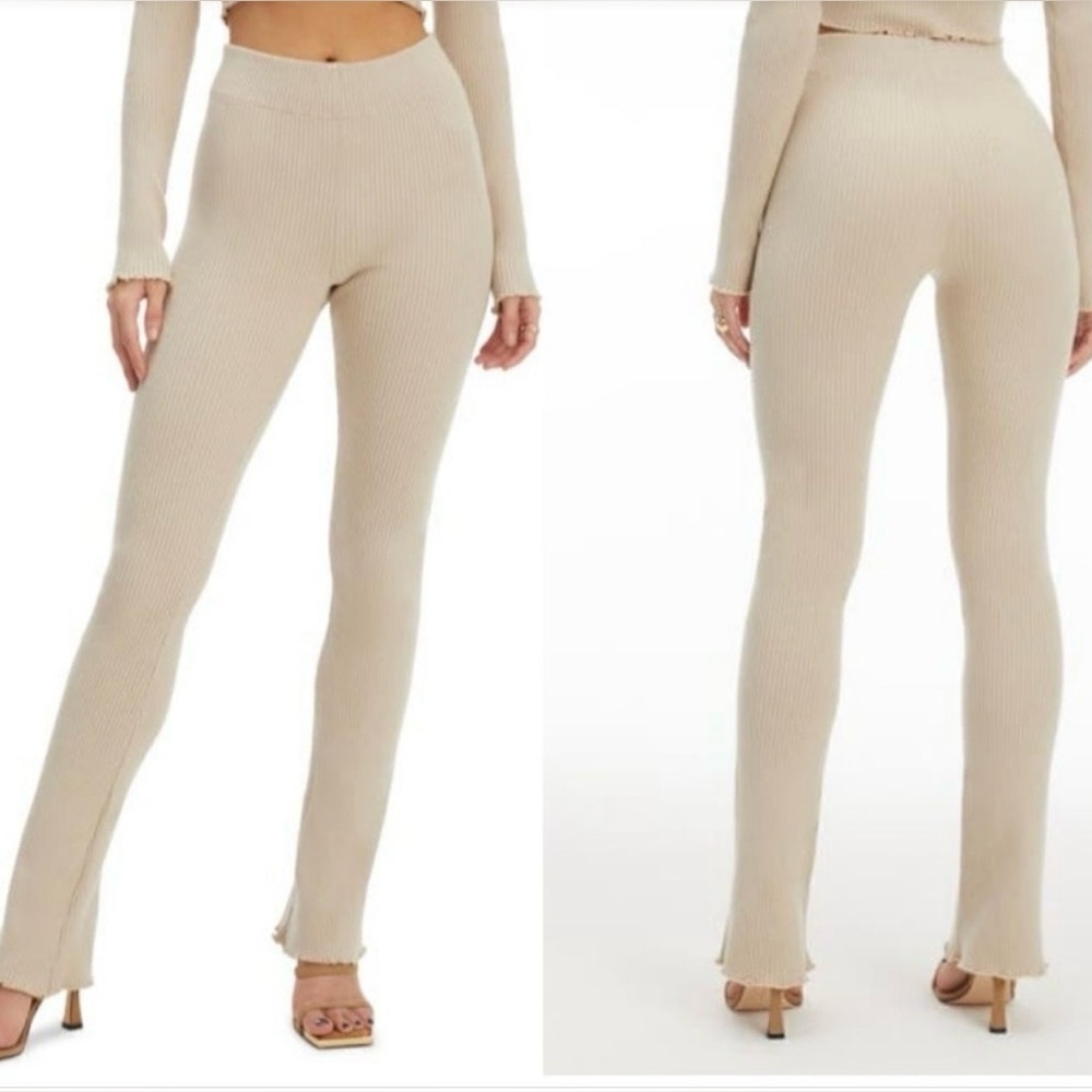 Good American L/XL Flared Beige Ribbed Pants w Elastic Waist and detailed hem - Picture 12 of 13